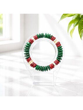 Vintage Green Red & Ivory Wooden Bead Bracelet Boho Statement Jewelry